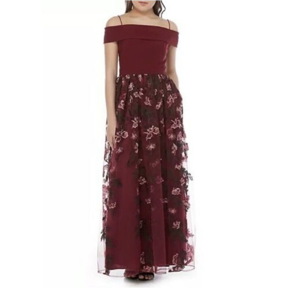 NW Nightway Off The Shoulder Embroidered Gown In Wine 6
